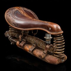 A close-up of a classic leather bicycle saddle resting on springs.