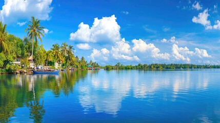 Tranquil Lakeside Landscape with Clear Blue Sky and Lush Green Vegetation in Tropical Paradise