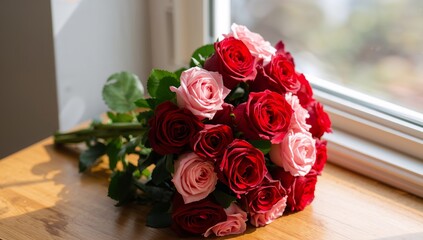 Fototapeta premium Roses in Sunlight. A Bouquet of Red and Pink Blooms, Capturing the Beauty of Fresh Flowers.