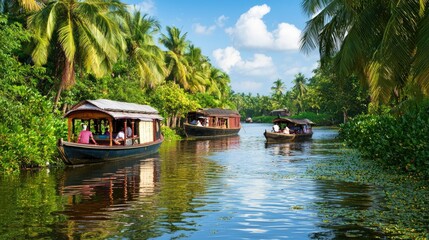 Obraz premium Tranquil Backwater Scene with Houseboats Amidst Lush Greenery and Palm Trees in Tropical Paradise
