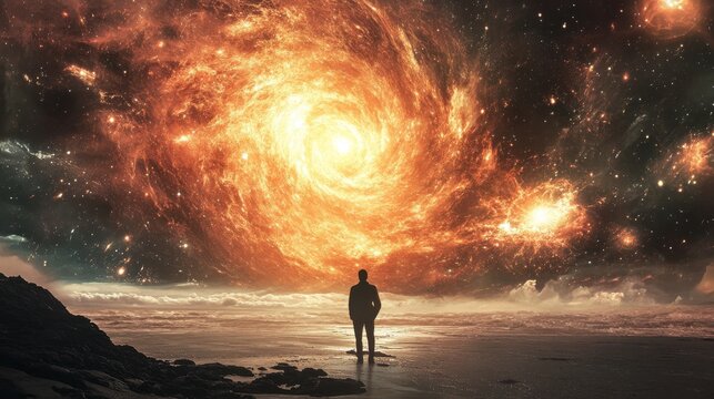 A solitary figure stands on a beach, gazing up at a swirling vortex of fire in the sky.