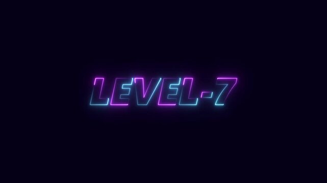 Abstract glowing neon colorful level-7 isolation. game concept next level text icon. Glowing level-7 text with glitch effects animation. on black background.