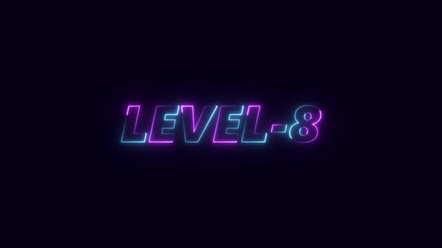 Abstract glowing neon colorful level-8 isolation. game concept next level text icon. Glowing level-8 text with glitch effects animation. on black background.