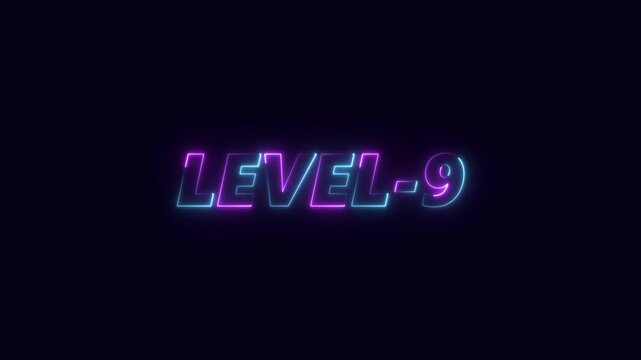 Abstract glowing neon colorful level-9 isolation. game concept next level text icon. Glowing level-9 text with glitch effects animation. on black background.