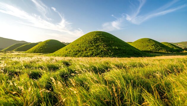 Lush grassy hills under a vibrant sky
