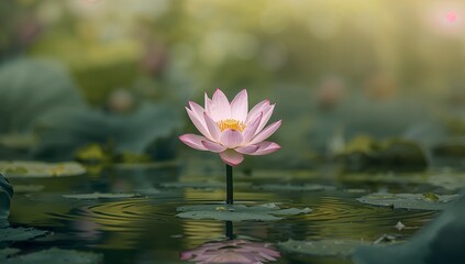 Serene Lotus Blossom in a Pond, Reflecting Light and Radiating Tranquility.