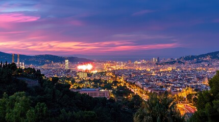 Naklejka premium Beautiful Sunset Over Cityscape of Barcelona with Vibrant Colors and Sparkling Lights