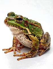 Fototapeta premium Close-up of a vibrant, speckled frog with striking green and brown patterns, set against a plain white background.