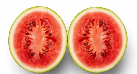 Sliced Watermelon Halves Showing Juicy Red Flesh and Seeds on a White Background.