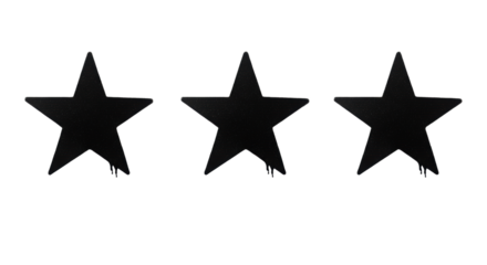 Three distinct, stylized black star shapes with spray paint textures and crisp edges, dynamically composed on a transparent studio background, concept of strategic excellence