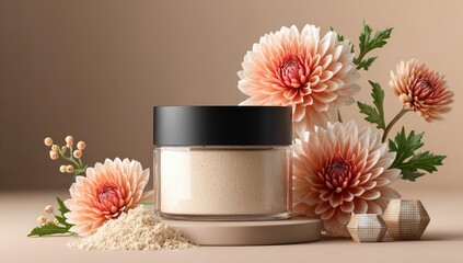 Cream jar, surrounded by peach dahlias and rice