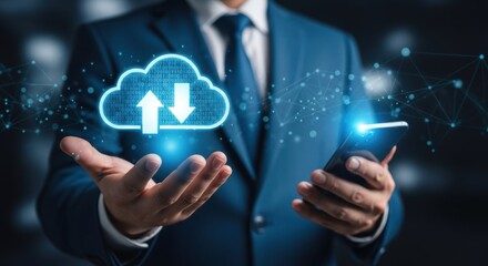 Businessman holding a smartphone with a glowing cloud computing icon and data connections