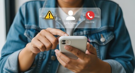 Person holding a smartphone and touching the screen with an incoming call notification