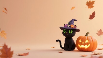 Halloween background 3d with black cat and pumpkin pastel halloween wallpaper cozy autumn environment