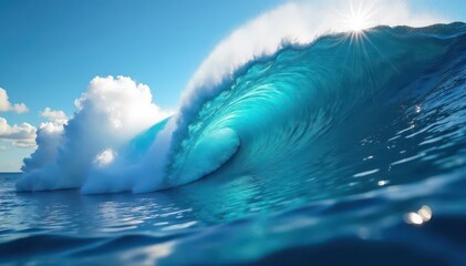 Naklejka premium Giant blue wave, perfect cylindrical form, sunlight glints , swell, whirlpool