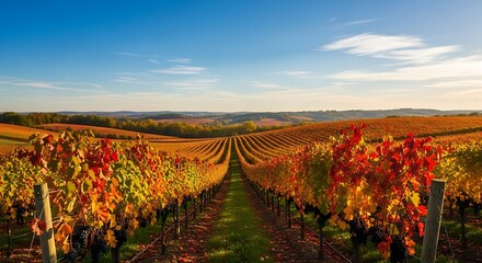 Naklejka premium Experience the beauty of vineyard landscape with autumn colors under stunning blue sky, a tranquil scene