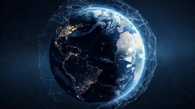 Animated Earth Globe Surrounded By Digital Network Connections in Dark Blue Space - Powered by Adobe
