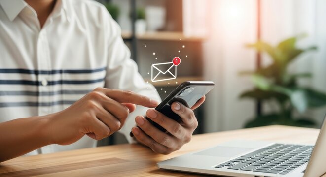 Person checking email notification on smartphone with laptop on desk