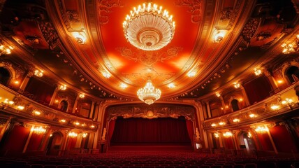 Fototapeta premium Elegant theater interior with vintage chandeliers and rich decor welcoming an evening performance experience