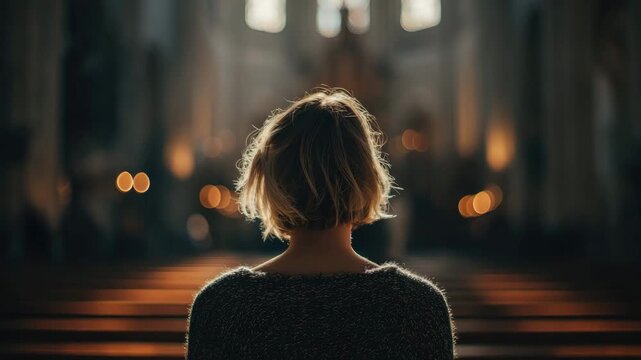 lonely woman sitting on a bench in the church animation
