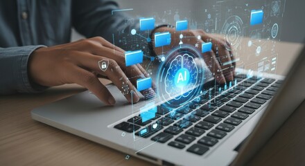 Person typing on laptop with ai and digital files interface, representing data management