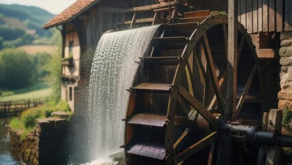 Old water wheel cascading water