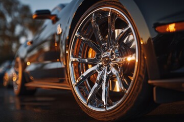 Close-up of shiny chrome car wheel at sunset with reflections on black body