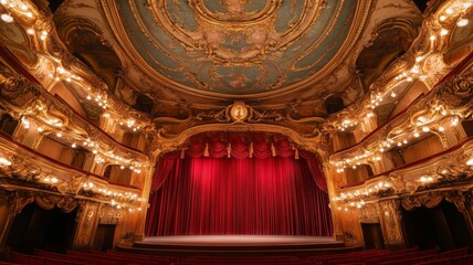 Obraz premium Elegant theater interior showcasing a grand stage and intricate design with luxurious lighting