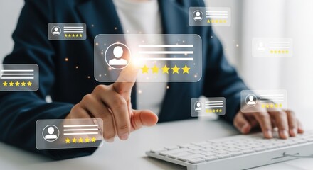 Woman reviewing candidate profiles and ratings on a digital interface with star ratings