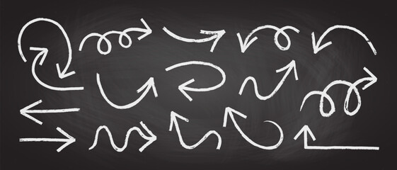 Chalk or charcoal rustic dirty grunge doodle line arrow vector illustration set. Hand drawn bold charcoal or crayon curve rough doodle arrow design element collection.