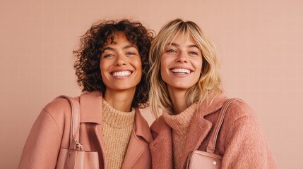 Two radiant women in matching pink outfits share a joyful moment, exuding happiness and style.