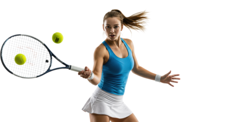 Young caucasian woman, mid-20s, athletic build, sleek ponytail, vibrant athletic top, white shorts, hitting tennis ball with racket in professional white studio, concept of athletic excellence and