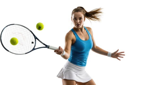 Young caucasian woman, mid-20s, athletic build, sleek ponytail, vibrant athletic top, white shorts, hitting tennis ball with racket in professional white studio, concept of athletic excellence and - Powered by Adobe