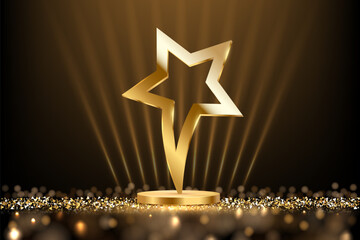 Golden award trophy. Metal gold star shaped cup. Realistic vector illustration of winners cup for sport competition, business achievement, recognition, leadership, promotion. © backup16