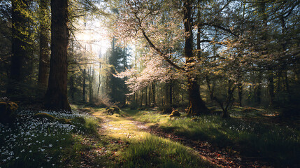 Obraz premium Serene forest path with blooming trees and sunlight filtering through the leaves during springtime walk