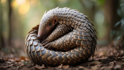 Fototapeta premium Pangolin curled in forest floor