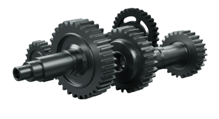 Pristine, polished industrial gears, metallic alloys, interlocked on a dark grey surface with soft gradient & negative space, advanced engineering concept