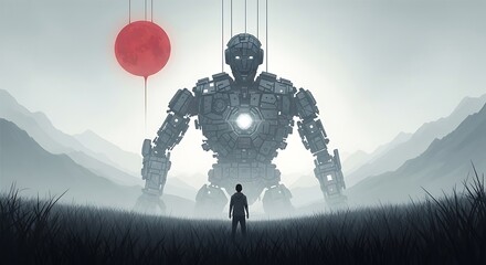Giant Robot and a Man in a Misty Landscape.