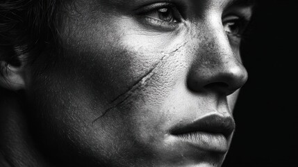 The black and white portrait features a face with a prominent scar, capturing intense emotion.