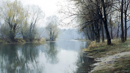 Serenity of a calm river flowing through a tranquil landscape during early morning light