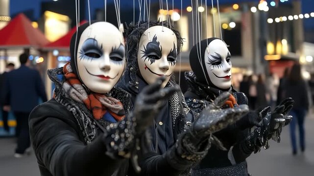 Dolls in costume are on display. Three smiling puppets with white masks act in a strange outdoor theater at night. These dolls seem to be part of a performance