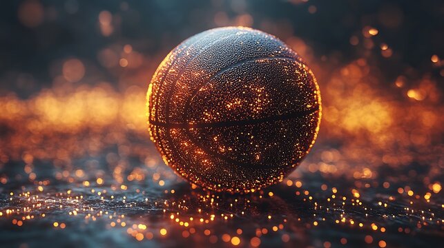 Close up of a dark basketball covered in glowing orange particles and bokeh lights sport