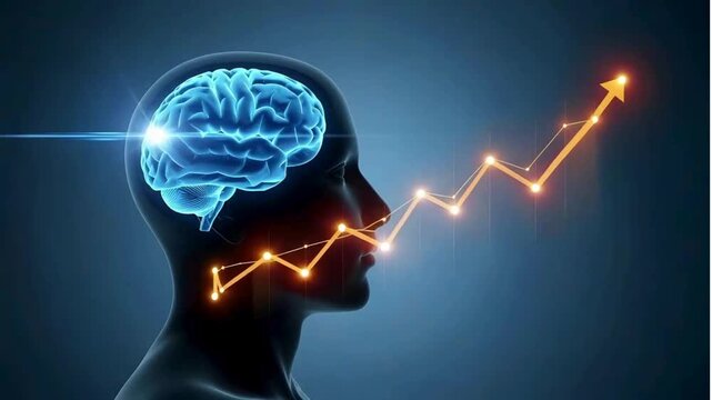 Dynamic upward trending graph merges with glowing blue brain silhouette symbolizing cognitive growth and financial success strategies