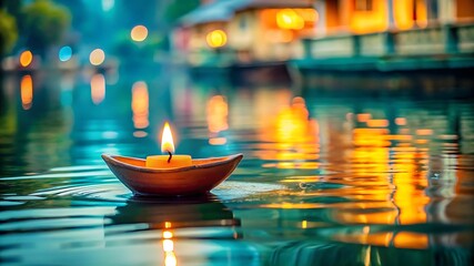 Obraz premium Glowing orange candle in a small teal boat floating on rippling water with soft bokeh lights