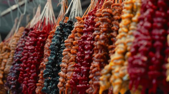 Georgian churchkhela dangling, displaying vibrant traditional confection featuring grape juice-coated nuts, hanging decoratively with rich chromatic range and distinctive textural composition