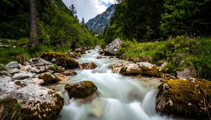 Mountain stream rushing through a valley