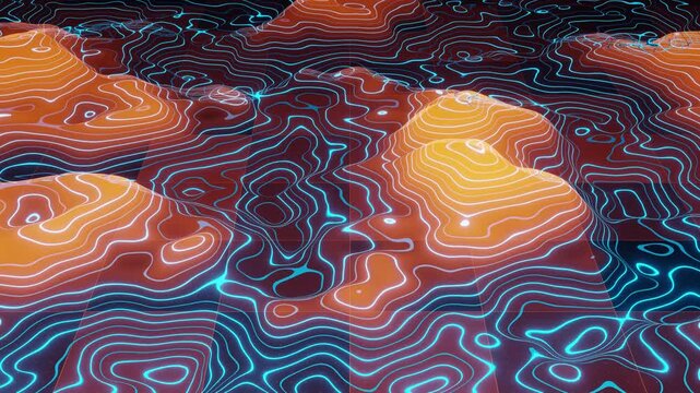 Futuristic Topographic Landscape with Glowing Contour Lines. 4K