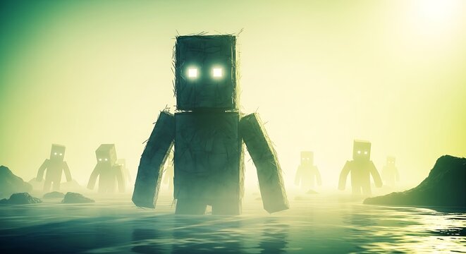 Futuristic Robots Marching in Fog.