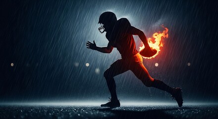 American Football Player Running in Rain with Flaming Ball