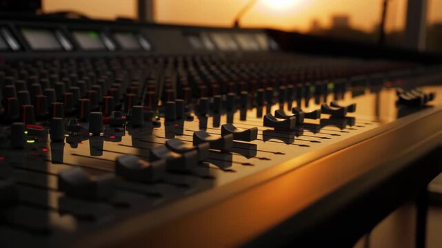Professional audio mixer faders and knobs at sunset